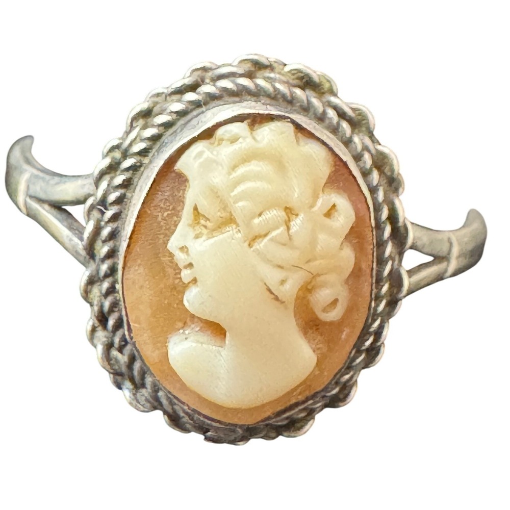 Vtg Sterling Silver Cameo Ring Size 6.5 Carved Woman Profile Ornate Rope Setting